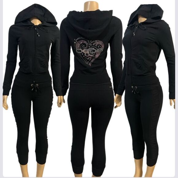 Bebe Set Valentines Day hoodie Rhinestone logo long sleeve & Ruched Side Crop S - Picture 4 of 9